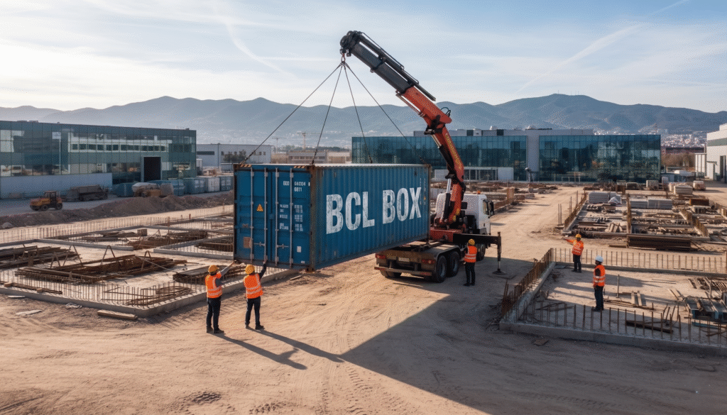 Entrega de contenedor en obra de construcción en Barcelona
